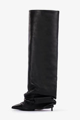 Faux Leather Pointed Toe Folded Knee High Stiletto Boots - Black