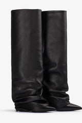 Faux Leather Pointed Toe Folded Knee High Stiletto Boots - Black