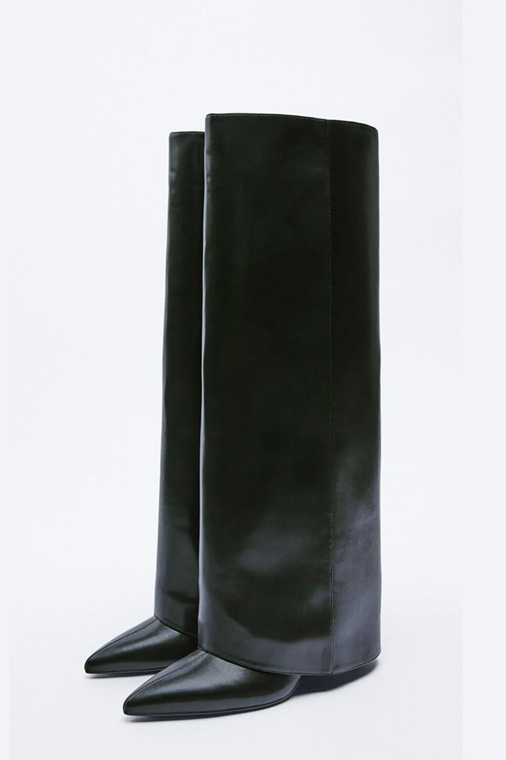 Faux Leather Pointed Toe Folded Knee High Stiletto Boots - Black