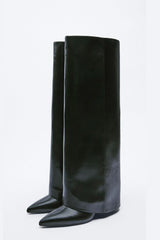Faux Leather Pointed Toe Folded Knee High Stiletto Boots - Black