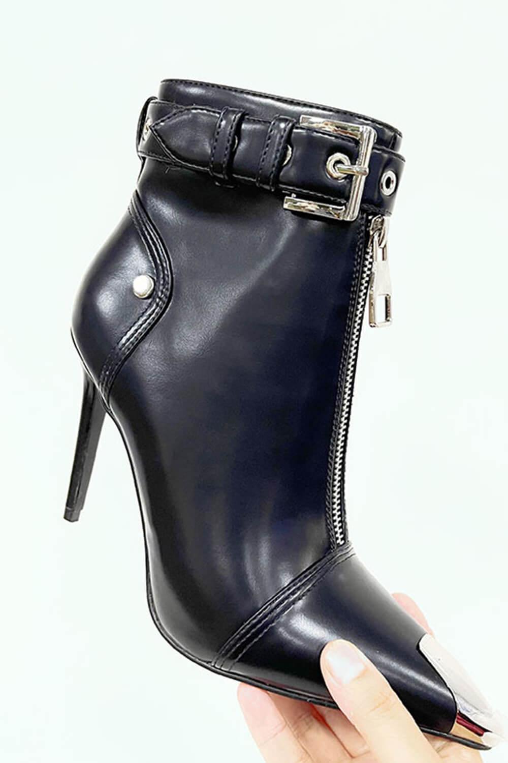 Faux Leather Buckled Eyelet Front Zip Ankle Boots - Black