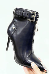 Faux Leather Buckled Eyelet Front Zip Ankle Boots - Black