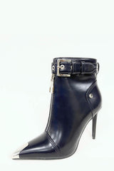 Faux Leather Buckled Eyelet Front Zip Ankle Boots - Black