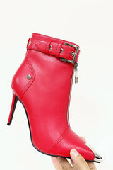 Faux Leather Buckled Eyelet Front Zip Ankle Boots - Red