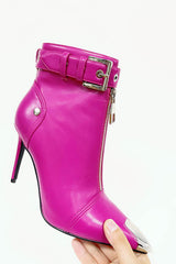 Faux Leather Buckled Eyelet Front Zip Ankle Boots - Hot Pink