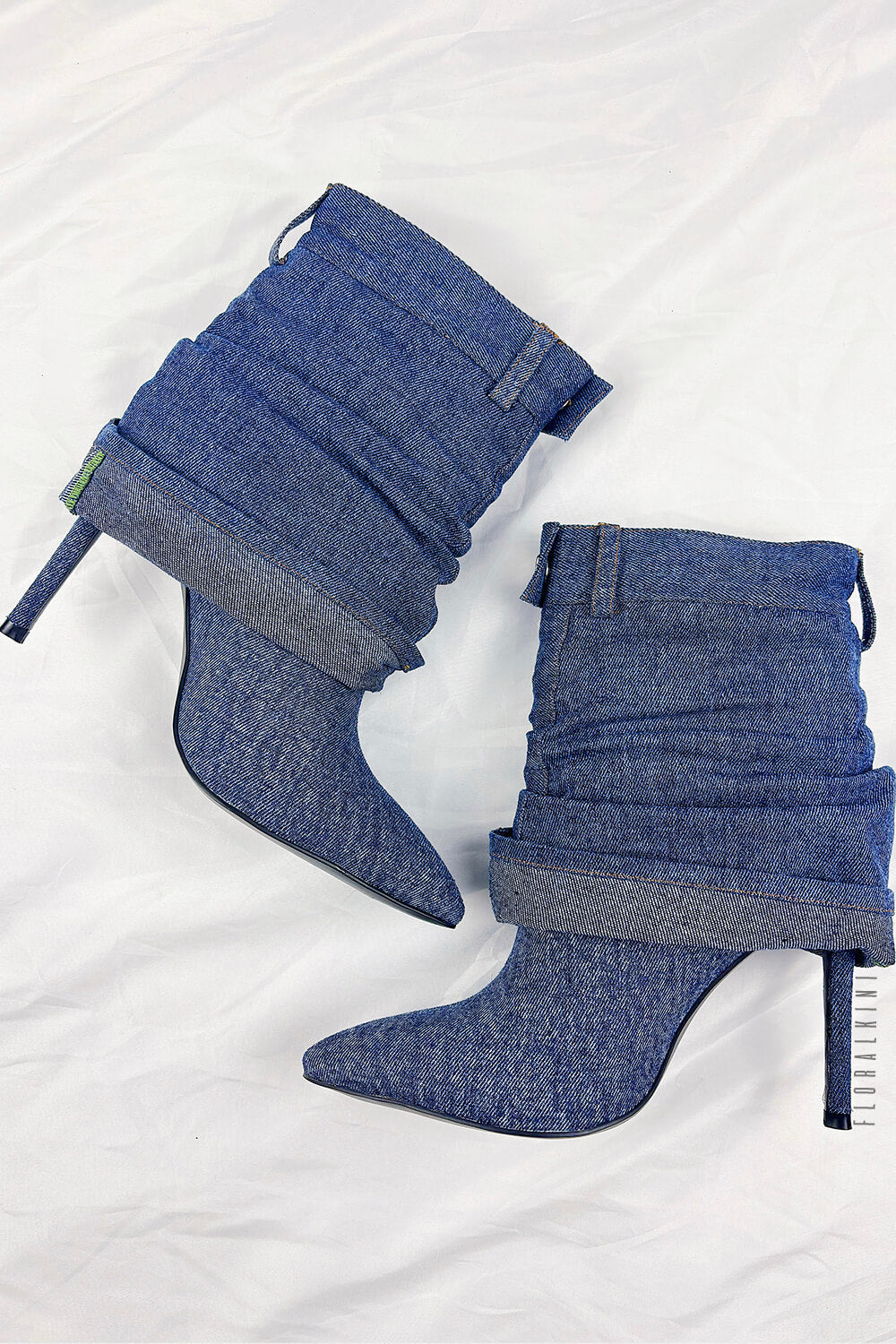 Denim Folded Mid Calf Pointed Toe Stiletto Heel Boots