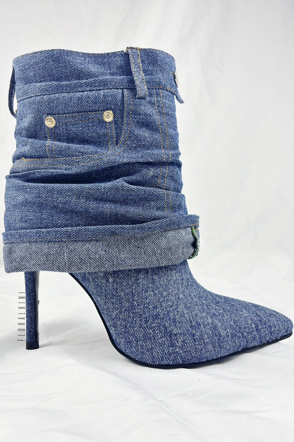 Denim Folded Mid Calf Pointed Toe Stiletto Heel Boots