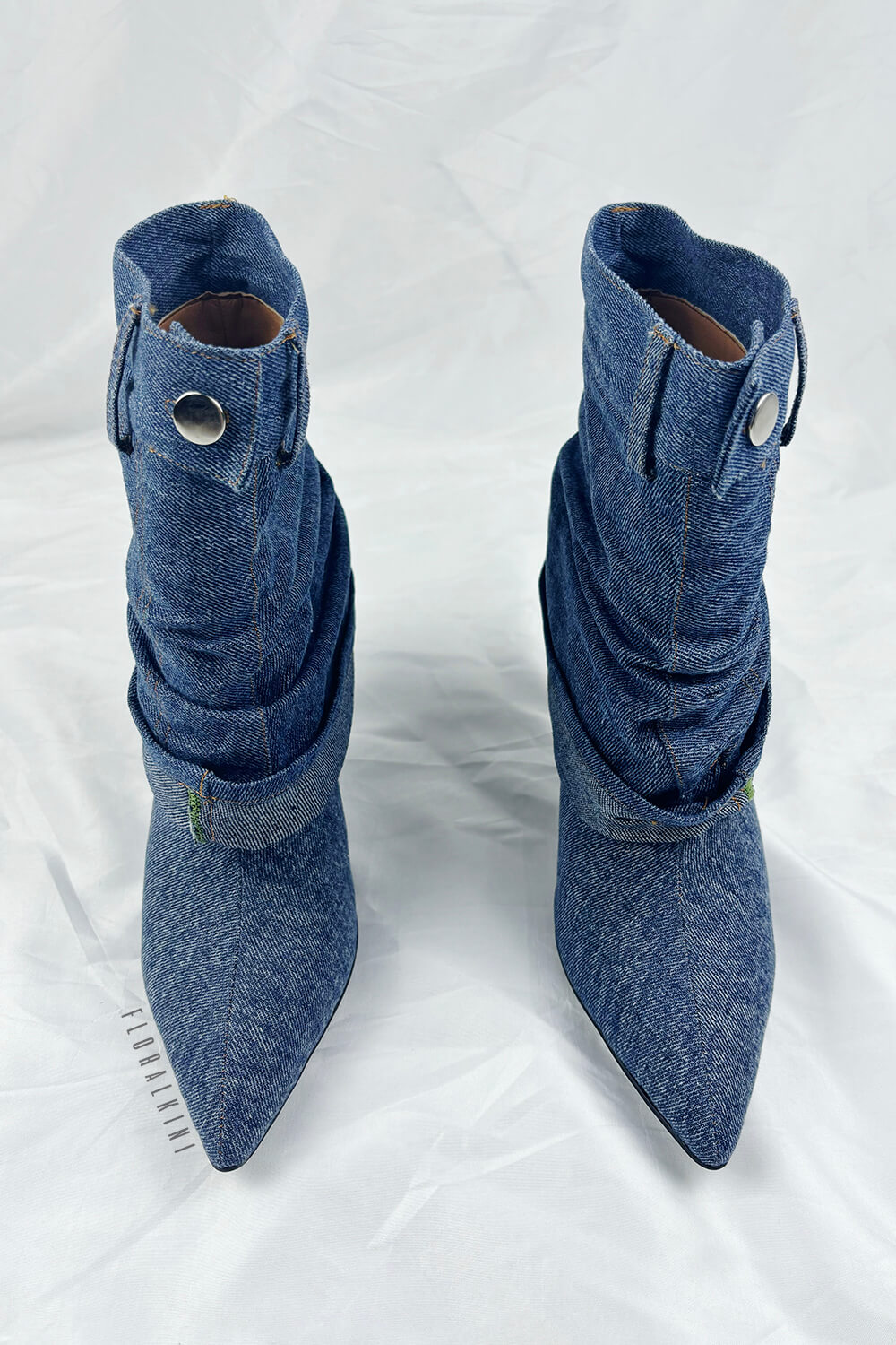 Denim Folded Mid Calf Pointed Toe Stiletto Heel Boots