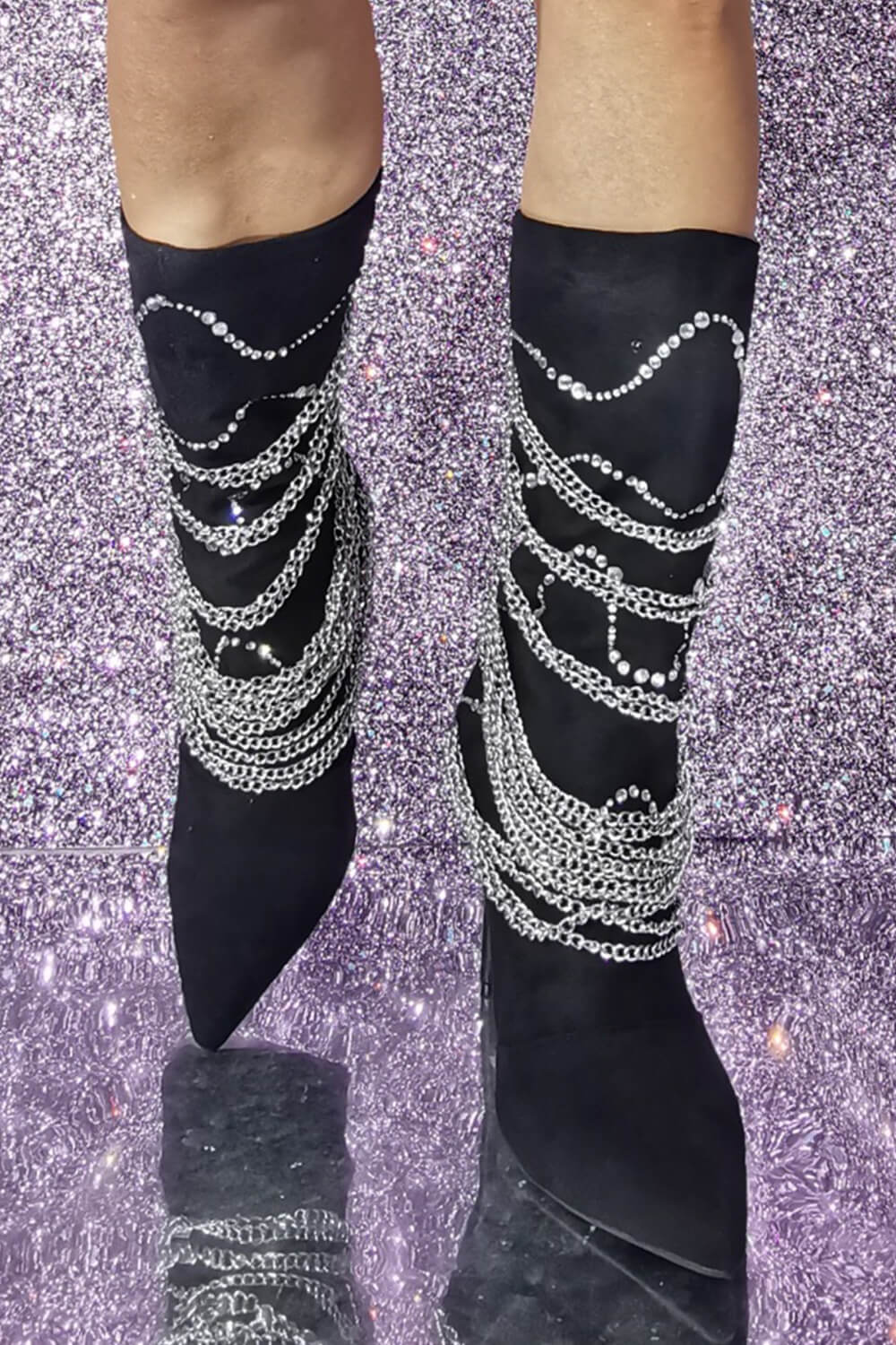 Rhinestone Chain Embellished Pointed Toe Mid-Calf Stiletto Boots