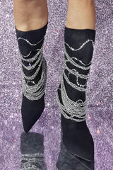 Rhinestone Chain Embellished Pointed Toe Mid-Calf Stiletto Boots