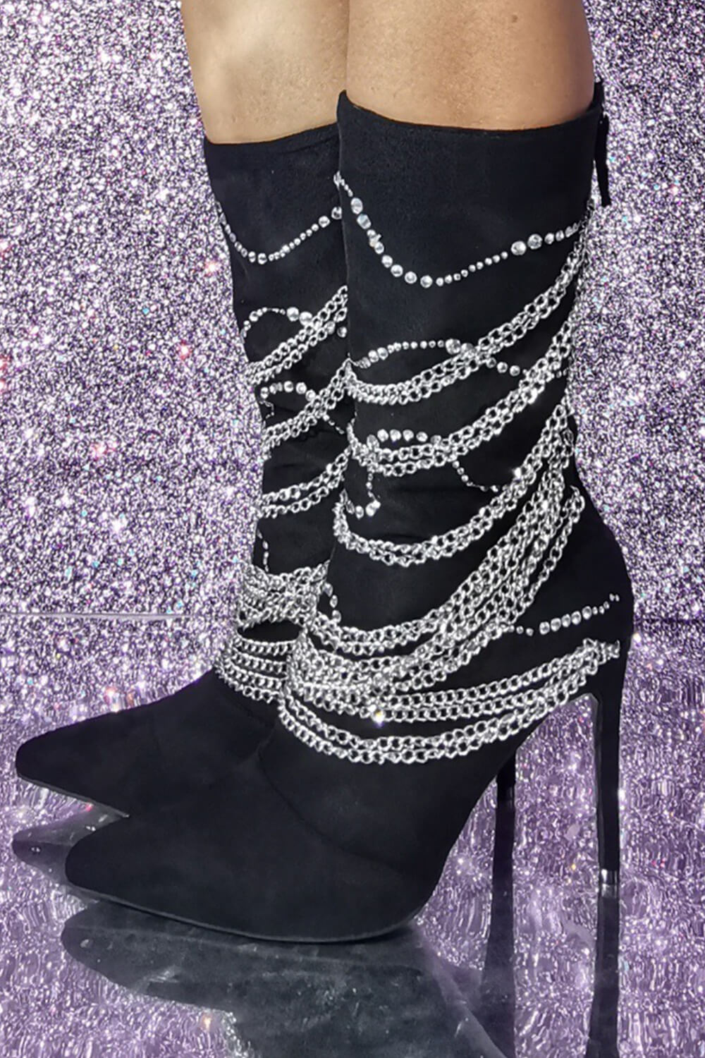 Rhinestone Chain Embellished Pointed Toe Mid-Calf Stiletto Boots