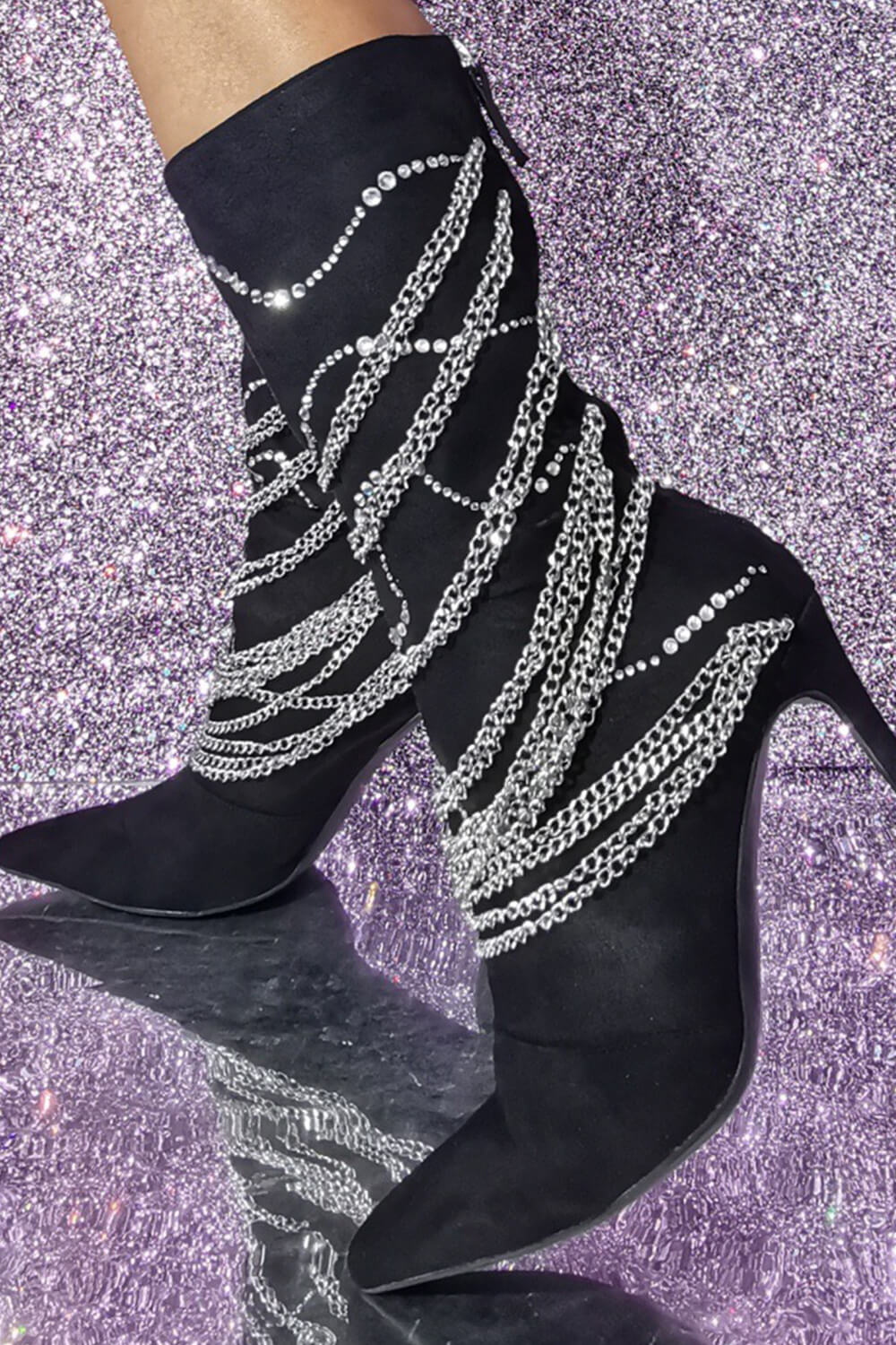 Rhinestone Chain Embellished Pointed Toe Mid-Calf Stiletto Boots
