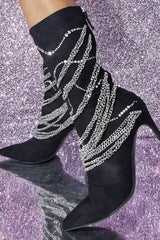 Rhinestone Chain Embellished Pointed Toe Mid-Calf Stiletto Boots