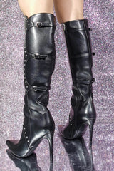 Studded Buckle Detail Pointed Knee High Stiletto Heeled Boots