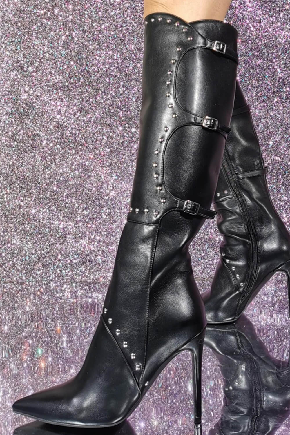 Studded Buckle Detail Pointed Knee High Stiletto Heeled Boots
