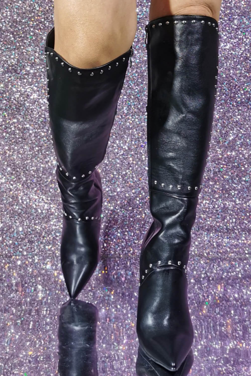 Studded Buckle Detail Pointed Knee High Stiletto Heeled Boots