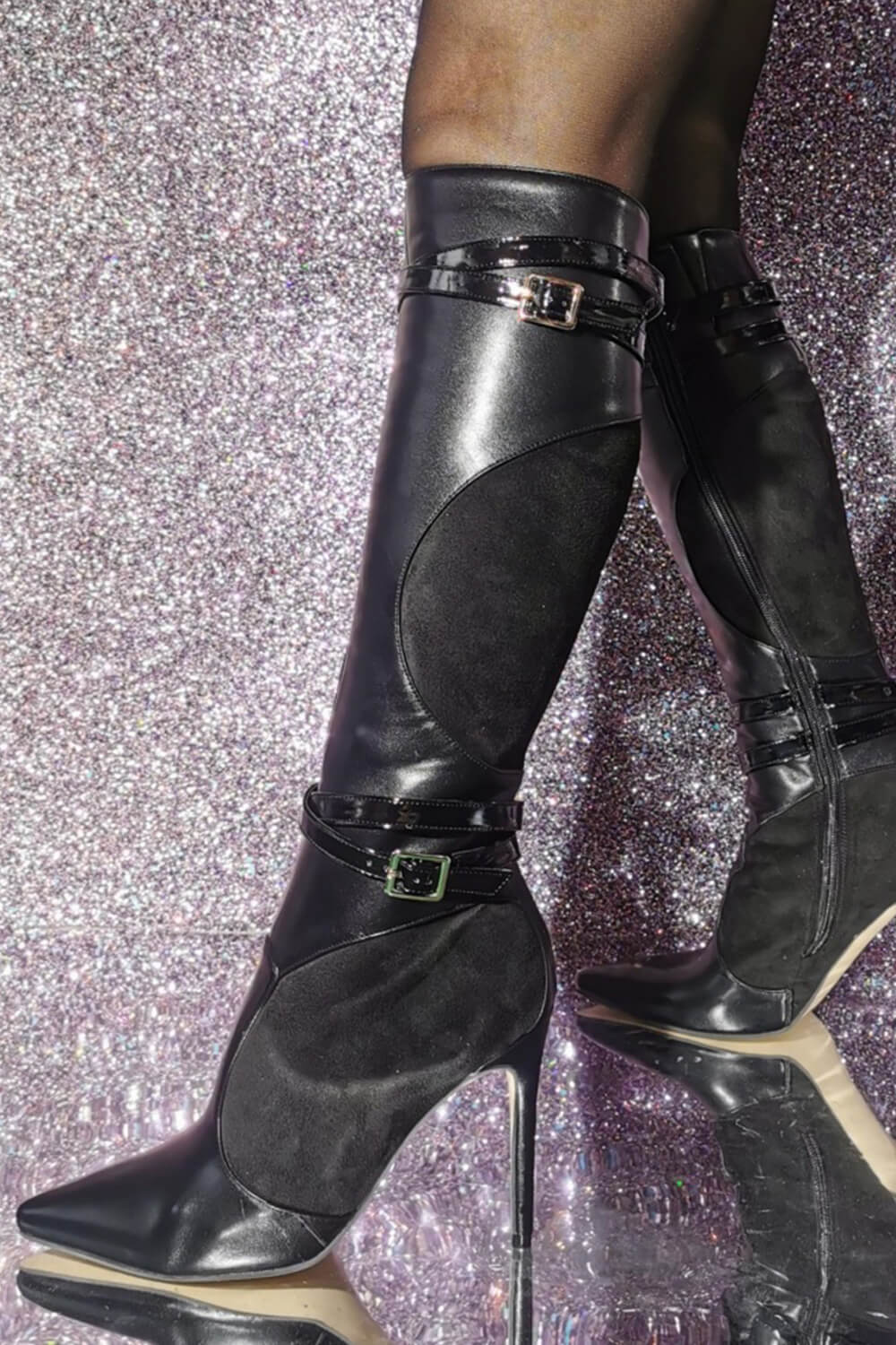 Buckle Detail Pointed Knee High Stiletto Heeled Boots