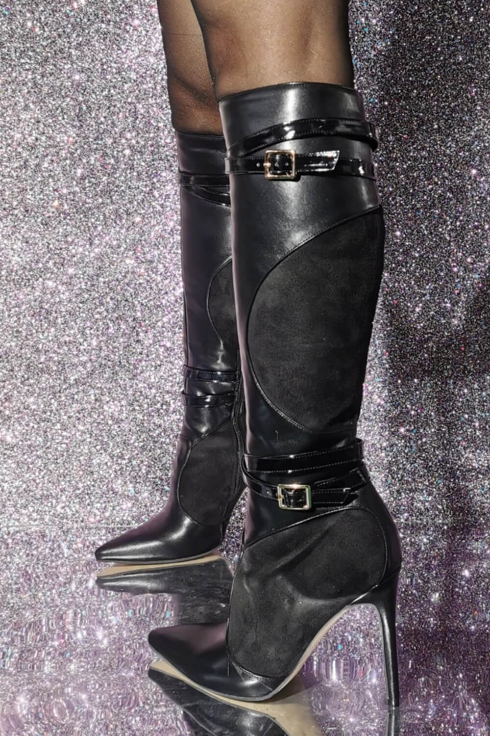 Buckle Detail Pointed Knee High Stiletto Heeled Boots