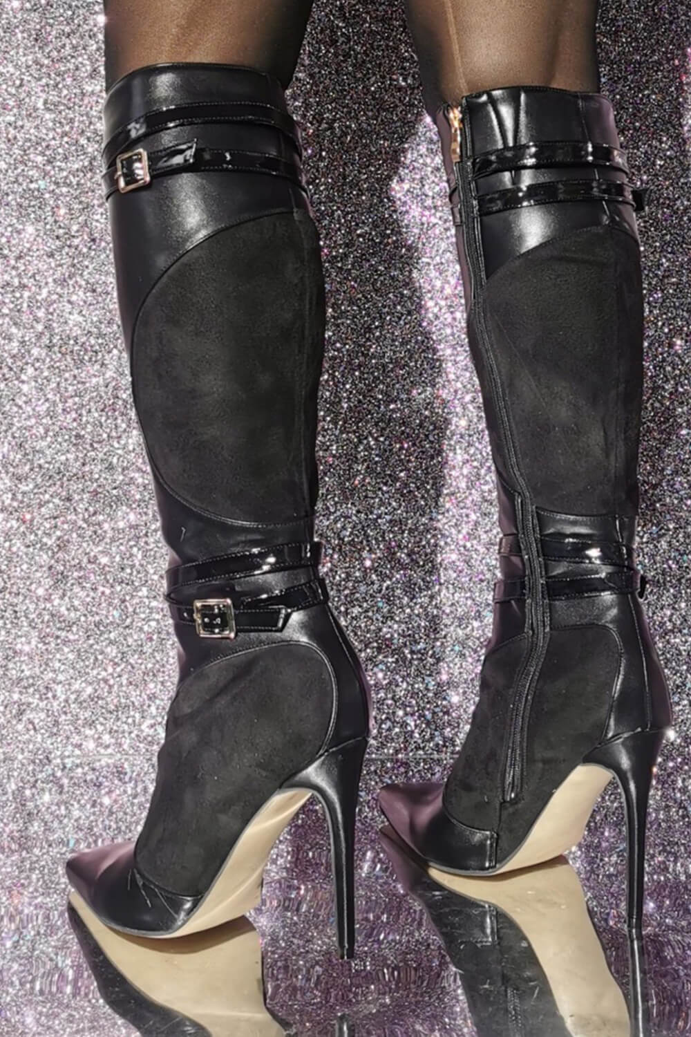 Buckle Detail Pointed Knee High Stiletto Heeled Boots