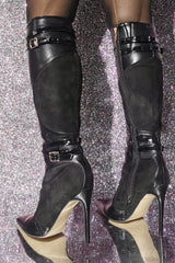 Buckle Detail Pointed Knee High Stiletto Heeled Boots