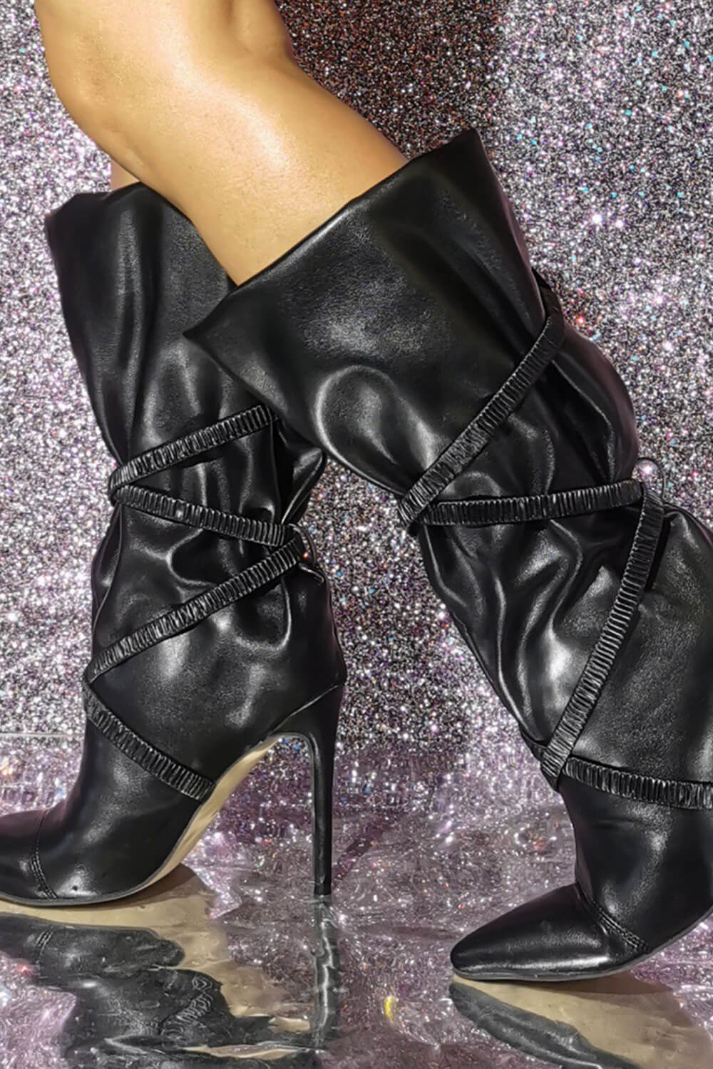 Elasticated Strap Slouchy Pointed Toe Mid-Calf Stiletto Boots