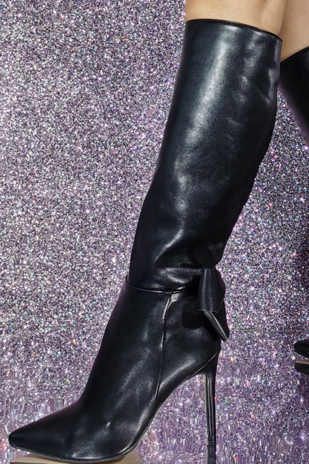 Statement Bow Pointed Knee High Stiletto Heeled Boots