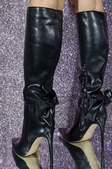 Statement Bow Pointed Knee High Stiletto Heeled Boots
