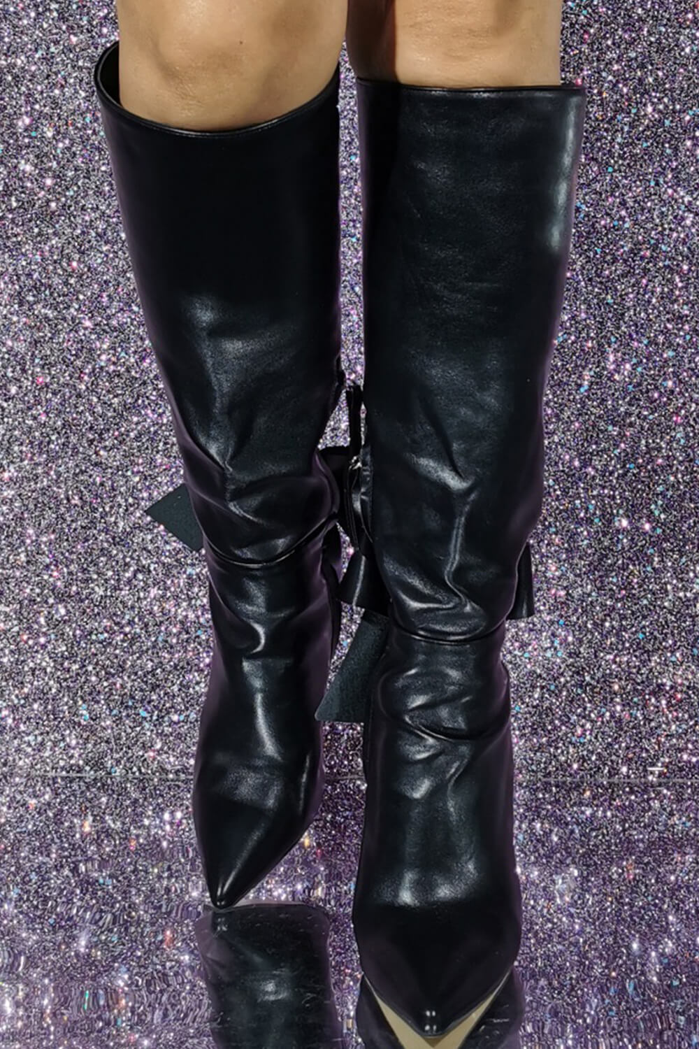 Statement Bow Pointed Knee High Stiletto Heeled Boots