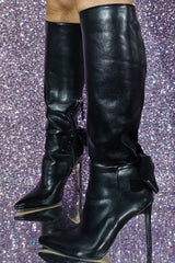 Statement Bow Pointed Knee High Stiletto Heeled Boots