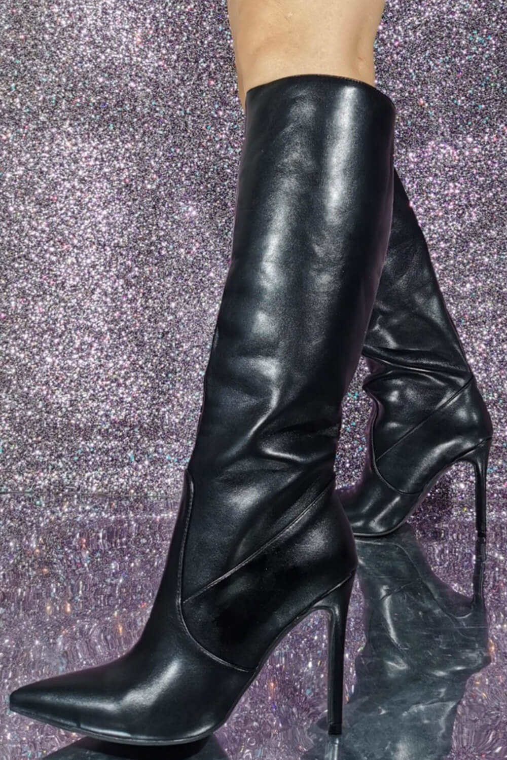 Faux Leather Pointed Toe Mid-Calf Stiletto Boots - Black