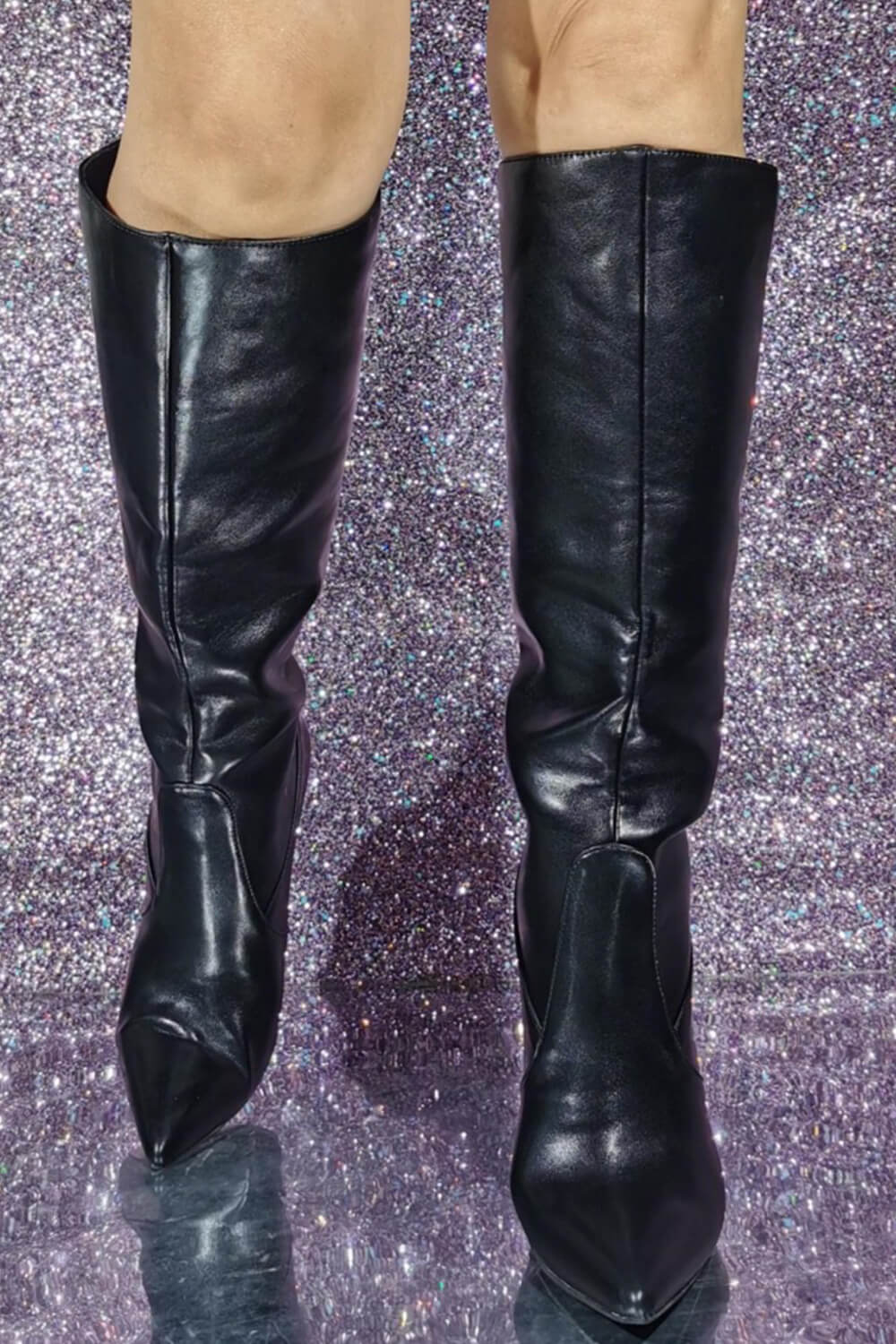 Faux Leather Pointed Toe Mid-Calf Stiletto Boots - Black