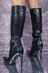 Faux Leather Pointed Toe Mid-Calf Stiletto Boots - Black