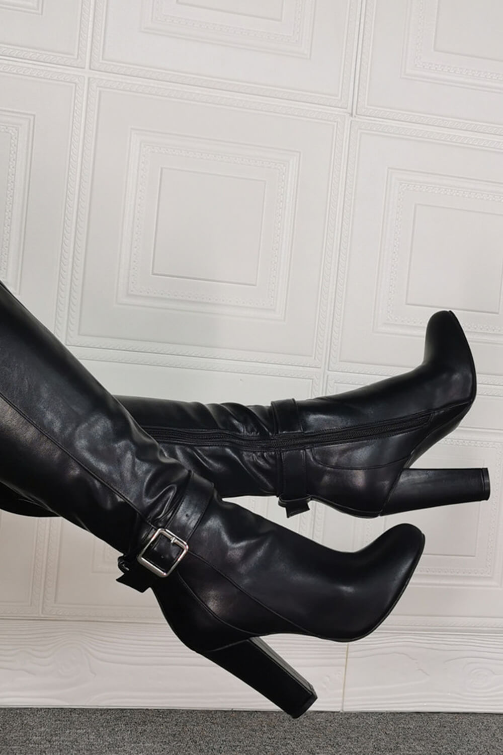 Buckle Detail Pointed Knee High Block Heeled Boots