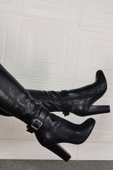Buckle Detail Pointed Knee High Block Heeled Boots