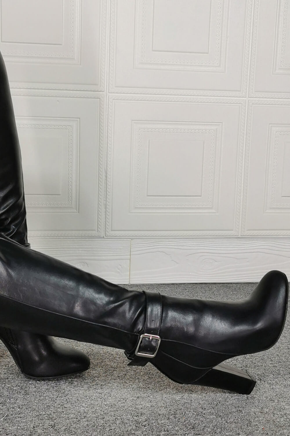 Buckle Detail Pointed Knee High Block Heeled Boots