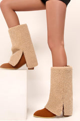 Point Toe Faux Shearling Foldover Mid-Calf Boots