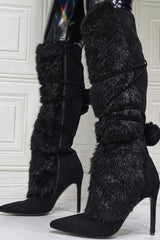 Suede Fluffy Faux-Fur Pom Pom Pointed Toe Knee High Boot