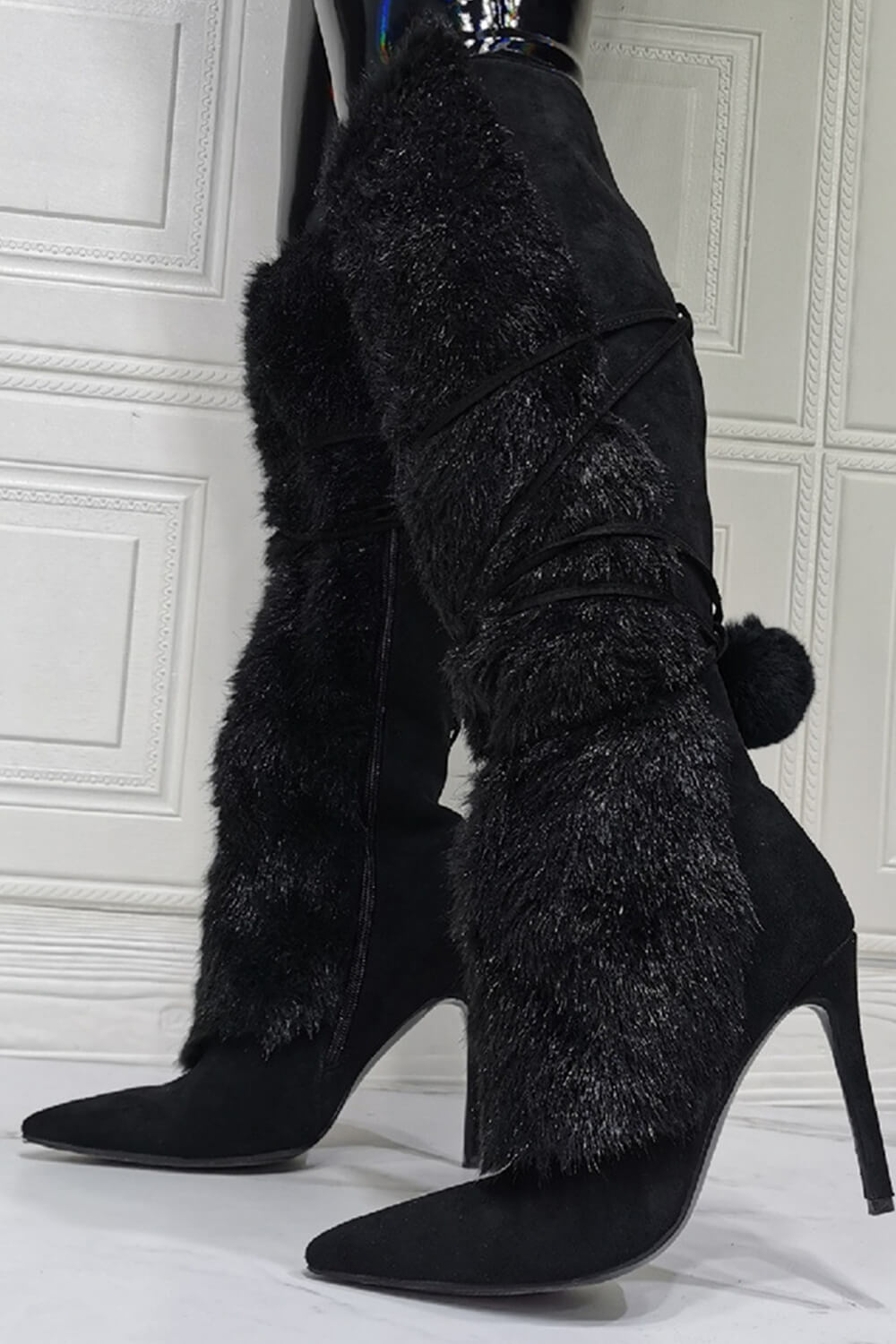 Suede Fluffy Faux-Fur Pom Pom Pointed Toe Knee High Boot
