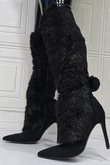 Suede Fluffy Faux-Fur Pom Pom Pointed Toe Knee High Boot