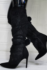 Suede Fluffy Faux-Fur Pom Pom Pointed Toe Knee High Boot