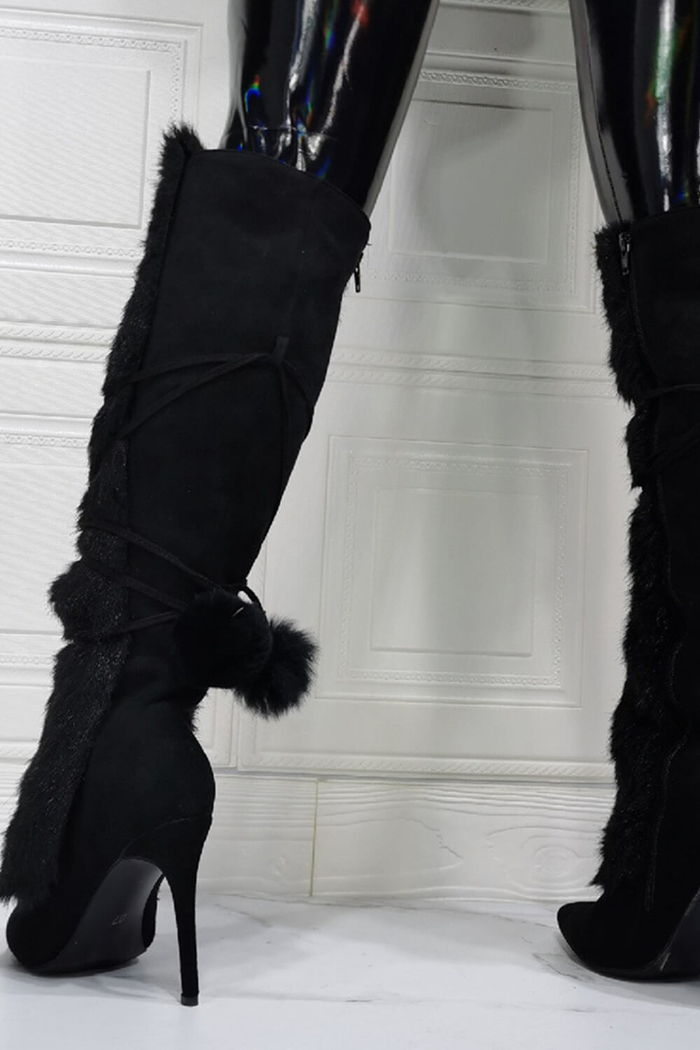 Suede Fluffy Faux-Fur Pom Pom Pointed Toe Knee High Boot