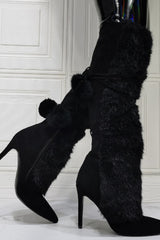 Suede Fluffy Faux-Fur Pom Pom Pointed Toe Knee High Boot