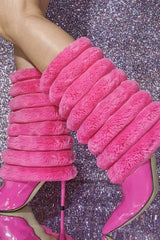 Hot Pink Patent Channeled Faux Fur Mid-Calf Stiletto Heel Boots