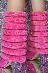 Hot Pink Patent Channeled Faux Fur Mid-Calf Stiletto Heel Boots