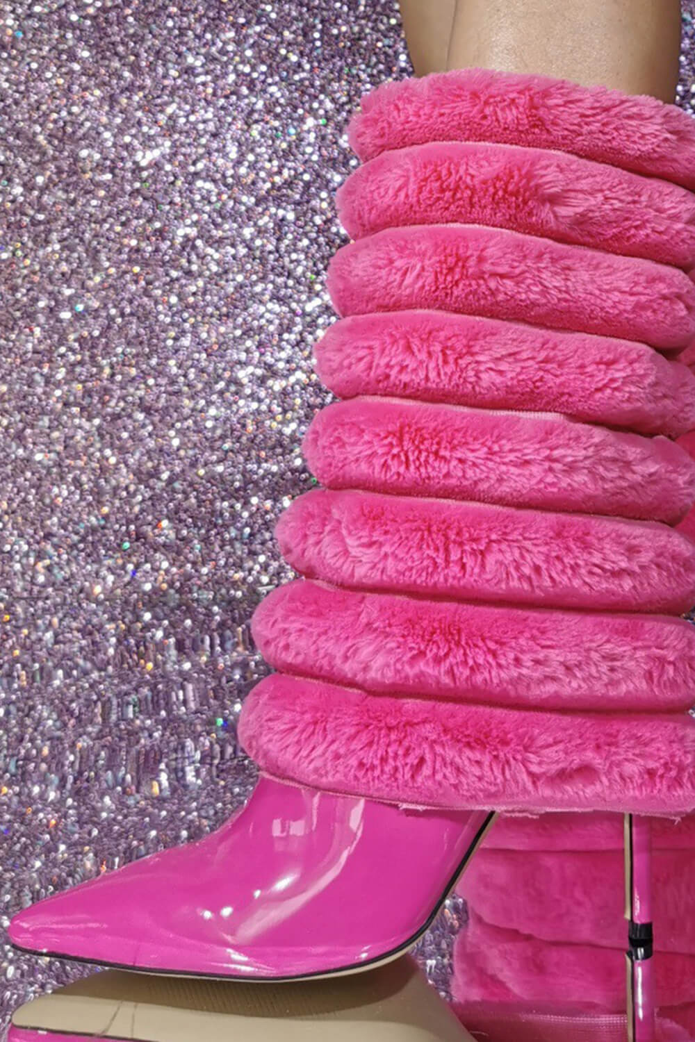 Hot Pink Patent Channeled Faux Fur Mid-Calf Stiletto Heel Boots
