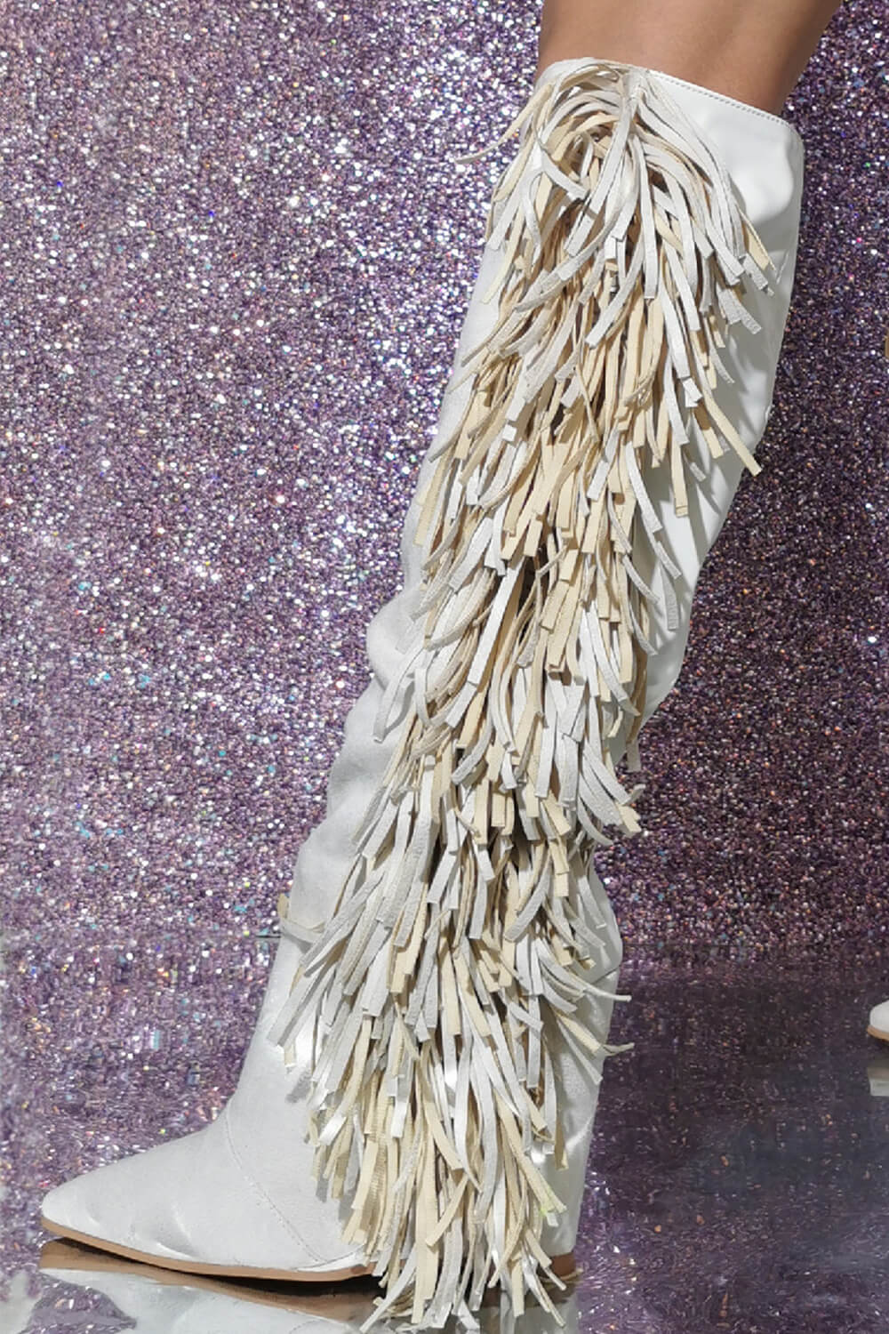 White Pointed Toe Knee-High Fringe Wedge Boots
