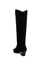 Suede Pointed Toe Western Cowboy Knee High Boots - Black
