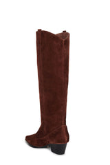 Suede Pointed Toe Western Cowboy Knee High Boots - Chocolate