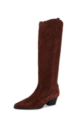 Suede Pointed Toe Western Cowboy Knee High Boots - Chocolate