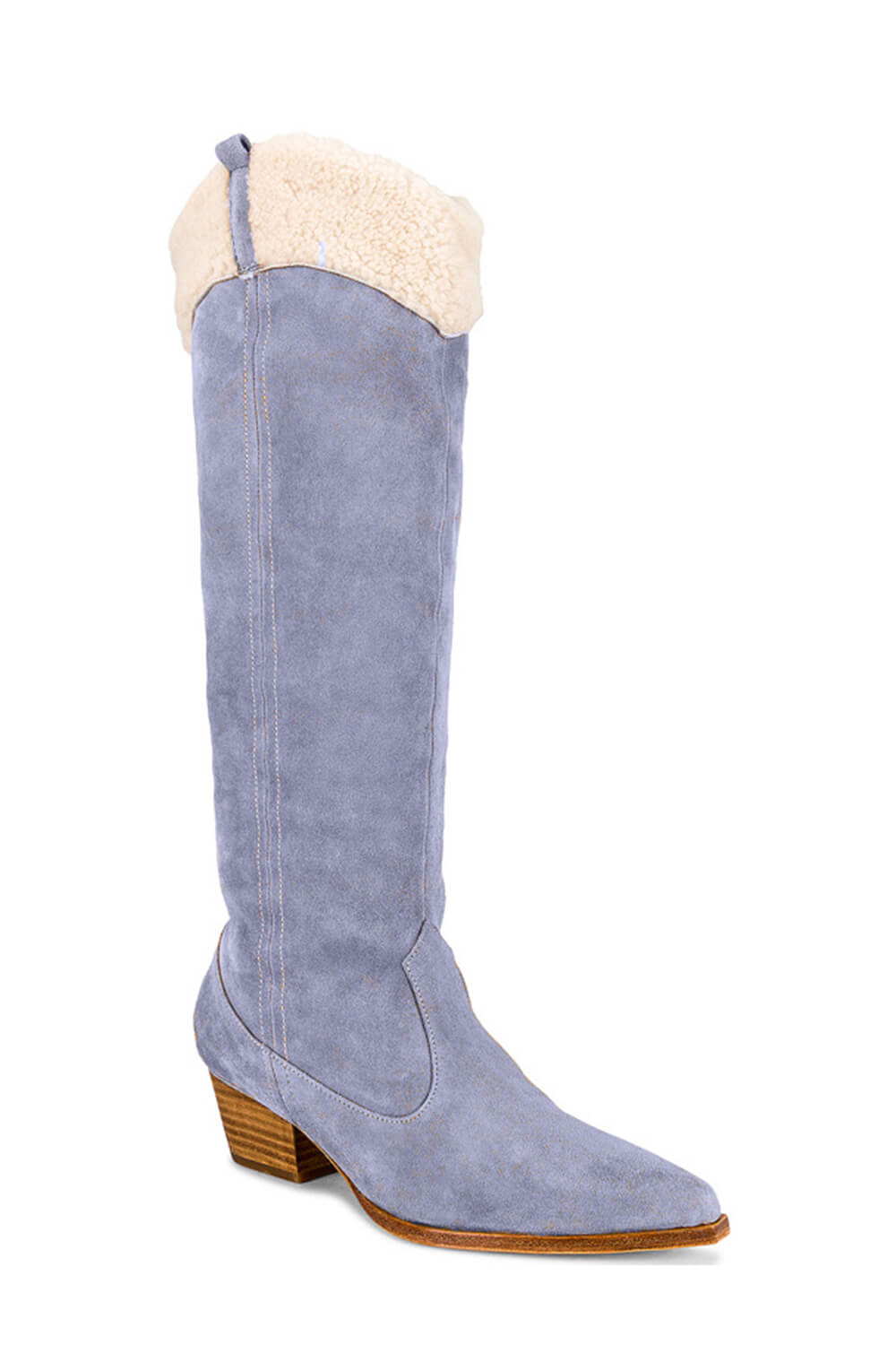 Suede Pointed Toe Western Cowboy Knee High Boots With Faux Fur Trim - Cornflower